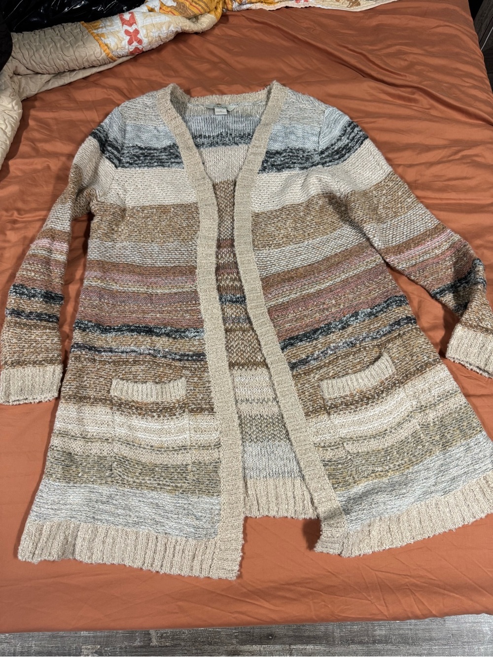 Neutral Multi-Stripe Open-Front Women's Cardigan Sweater